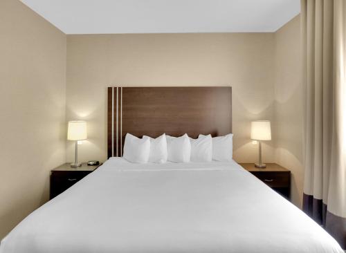 a large bed in a hotel room with two lamps at Duvernay Inn & Suites in Fox Creek