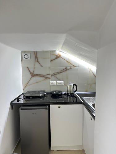 a small kitchen with a stove and a sink at Xhorxhia &Room in Tirana