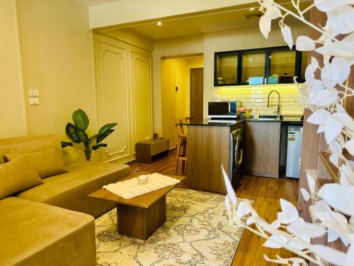 a living room with a couch and a kitchen at Golden Era stylish studio i903 TenTon Zamalek in Cairo