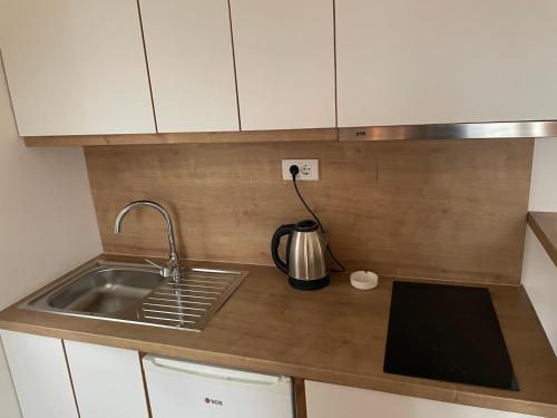 a kitchen counter with a sink and a tea kettle at Novel S&S in Veliko Gradište