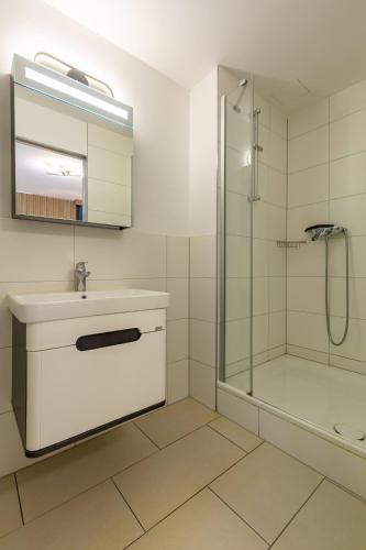 a bathroom with a sink and a shower at Nani City Hotel in Zürich