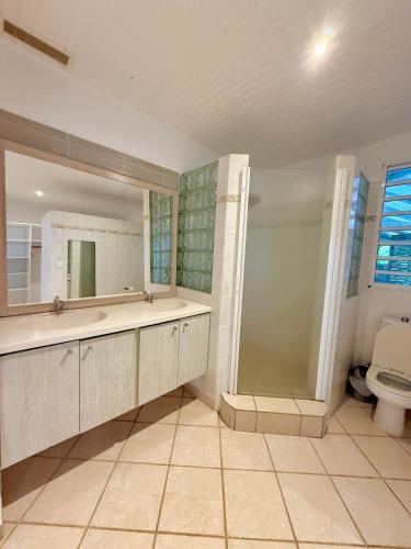 Un baño con bañera y ducha y un inodoro. en Le Domaine des 3 Caps, en Le Marin