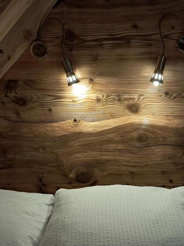 a bedroom with two lights on a wooden wall at Noclegi u Banysia w sercu Gór Świętokrzyskich in Krajno Pierwsze