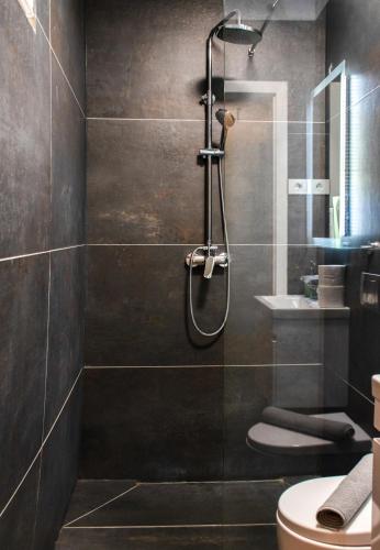 a bathroom with a shower and a toilet at Six Lamps on Masarykova in Zagreb