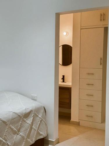 a bedroom with a bed and a dresser and a sink at Rustic, modern, sun and beach in San Carlos