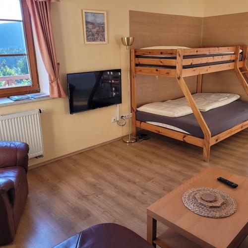 a living room with two bunk beds and a tv at PENSION KUBU Apartment 3 samostatný byt s kuchyní in Špindlerův Mlýn