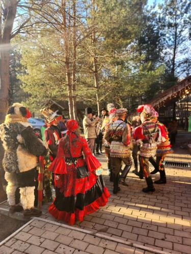 a group of people dressed in costumes walking down a street at Cabana Oops Foisorul ascuns in Vama