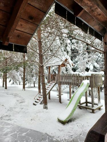 a playground with a slide in the snow at Cabana Oops Foisorul ascuns in Vama