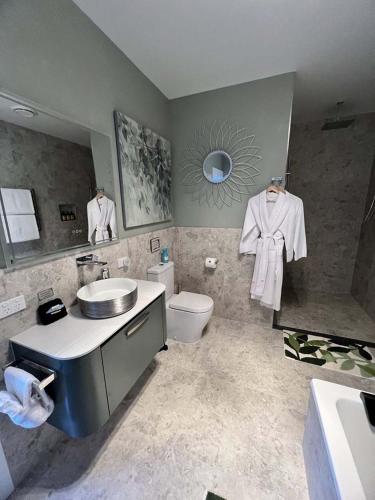a bathroom with a sink and a toilet and a mirror at The Country House at Hunchy Montville in Montville