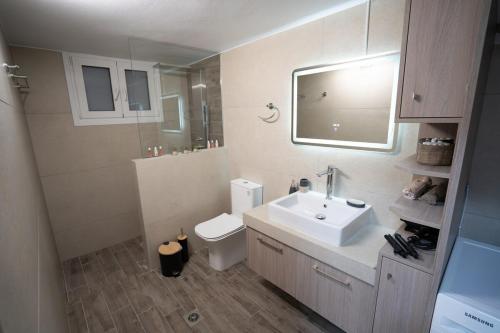 a bathroom with a sink and a toilet and a mirror at Luxury Apartment in Lamia in Lamía