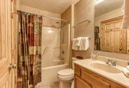 een badkamer met toilet, wastafel en douche bij Woods Child Cabin By Beyond Expectation W Hot Tub in Gatlinburg