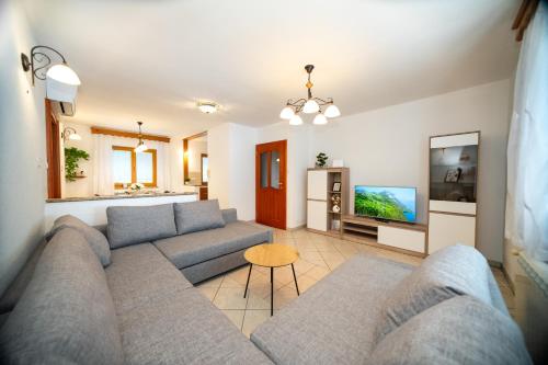 a living room with a couch and a tv at Spacious Apartment Senozece - with terrace & grill in Senožeče