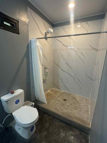 a bathroom with a toilet and a shower at Yojoa House Mountain Retreat in Santa Cruz de Yojoa