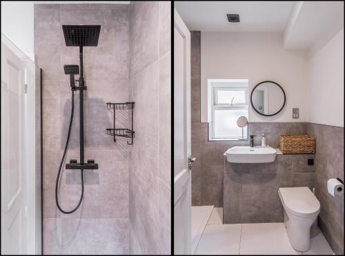 a bathroom with a shower and a toilet and a sink at College Avenue Stay in Leicester