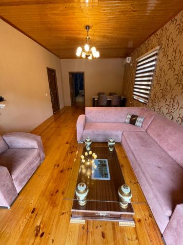a living room with a pink couch and a table at Green dream House in Lankaran