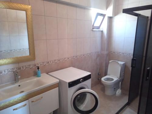 a bathroom with a toilet and a sink and a washing machine at Sultan villaları in Yalova