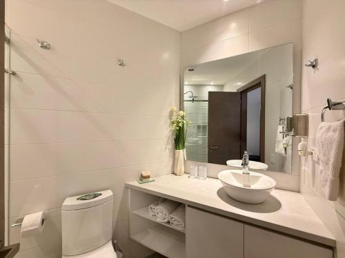 a bathroom with a sink and a toilet and a mirror at Suite Ejecutiva de Lujo 2 personas, Wi-Fi, cafetera, GYM, Jacuzzy, a 3 minutos del Parque La Carolina in Quito