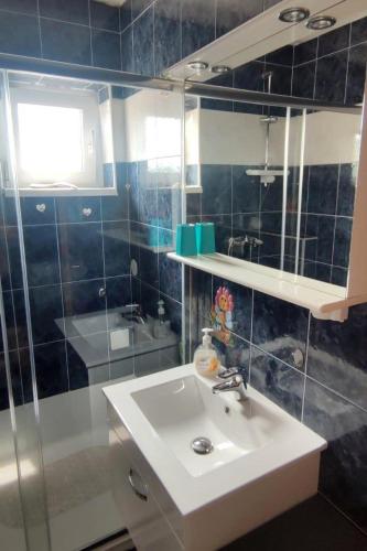 a bathroom with a sink and a shower and a mirror at Apartments with parking space Lopar, Rab - 5019 in Lopar