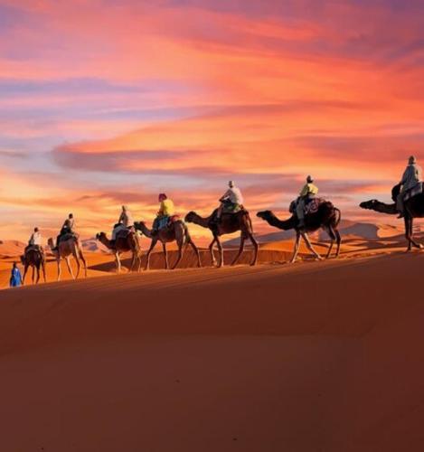 a group of people riding horses in the desert at Sahara dream luxury in Merzouga