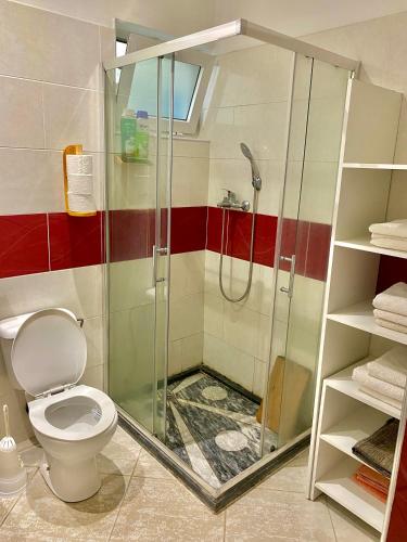 a bathroom with a shower and a toilet at Monte do Bem-Estar in Tarrafal
