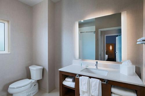 a bathroom with a toilet and a sink and a mirror at Residence Inn by Marriott Georgetown in Georgetown