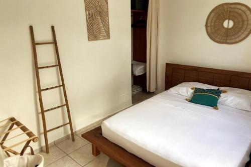 een slaapkamer met een bed en een ladder ernaast bij Appartement l'écrin in Saint-Claude