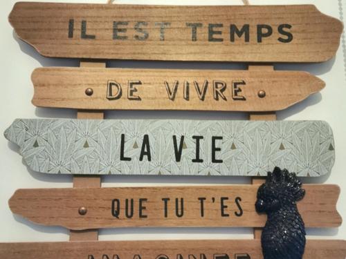 a group of wooden signs hanging on a wall at Gîte de Charme avec Terrasse Privative et Grand Jardin près du Parc Le Pal - FR-1-489-339 in Thiel-sur-Acolin