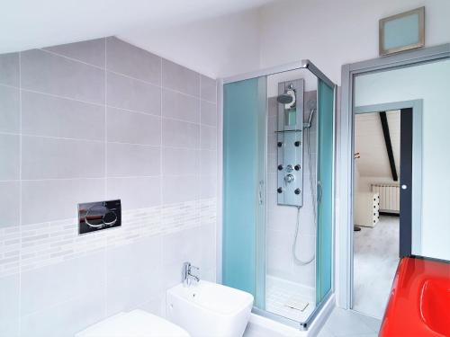 a white bathroom with a shower and a toilet at Holiday Home by Lake Maggiore with Mountain Views in Brissago Valtravaglia