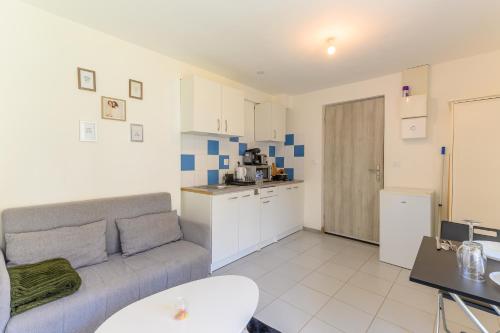 a living room with a couch and a kitchen at Le cocon de l'impasse à Tremblay en France in Tremblay En France