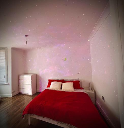 a bedroom with a red bed and a wall with stars at Stratford Accommodation in London