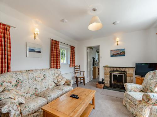 MicklebyにあるGunpowder Houseのソファと暖炉のあるリビングルーム