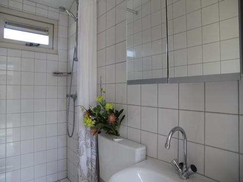 ein weiß gefliestes Badezimmer mit Waschbecken und Dusche in der Unterkunft Pet-Friendly Bungalow in Warmenhuizen