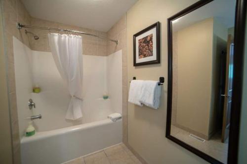a bathroom with a tub and a shower with a mirror at Hidden Gem 3br King Beds-bbq-hot Tub-pets Ok in Dead Man's Flats