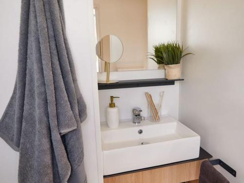 a bathroom with a sink and a mirror at Mobil home 6 pers avec terrasse, 3 chambres - API-1-52-651 in Saint-Maurice-dʼIbie