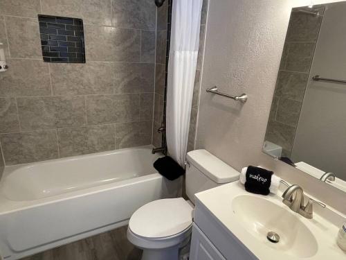 a bathroom with a toilet and a sink and a bath tub at One Bedroom - Near Unm, Nob Hill And Downtown in Albuquerque