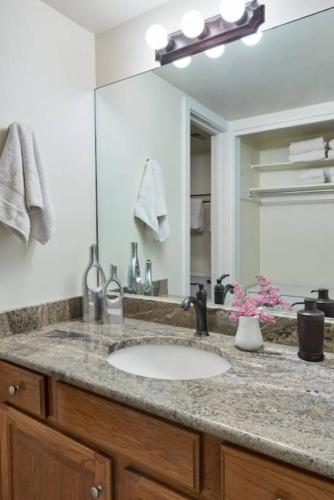 a bathroom with a sink and a large mirror at Latitude Loft Aspenwood #K20 Studio1B in Snowmass Village