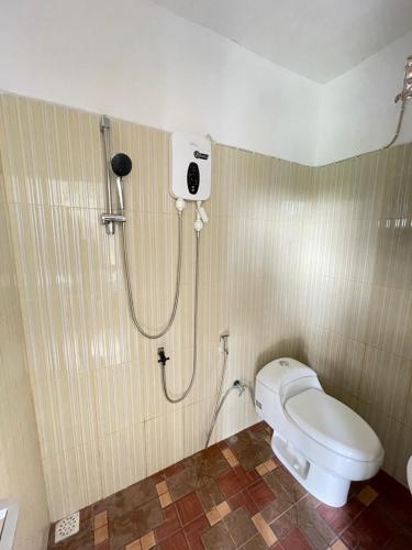 a bathroom with a shower and a toilet at De Sila House and Pool in Tembuku