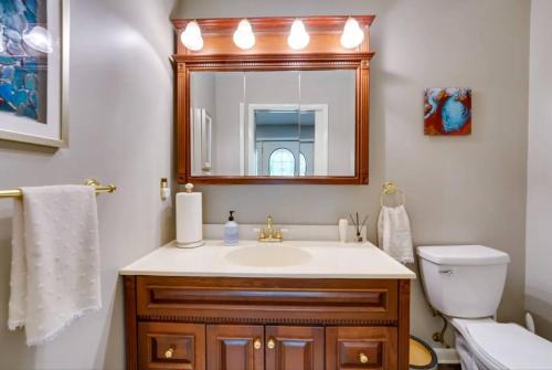 a bathroom with a sink and a mirror and a toilet at The Textile House 5 Miles To Umich! in Ypsilanti