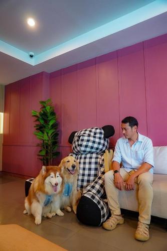 two men sitting on a couch with two dogs at Lima Hotel in Phra Nakhon Si Ayutthaya
