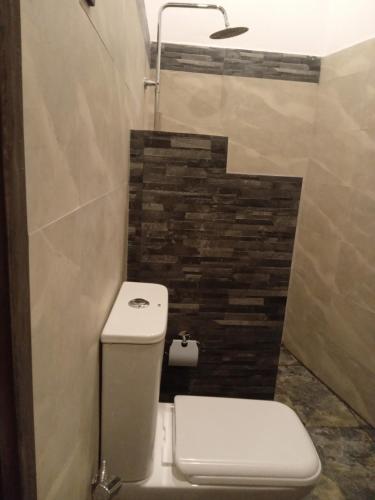 a bathroom with a toilet and a tile wall at HERITAGE GREEN Ambalangoda in Ambalangoda