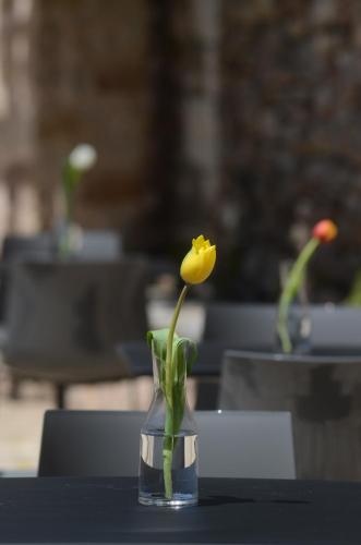 a yellow flower in a vase on a table at Hotel Archontiko Anyfanti in Zátouna