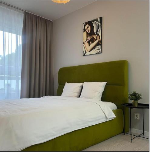 トマシュフ・マゾビエツキにあるEUROPA22 "Apartament Delux" z wanną - CENTRUM MIASTA balkon z widokiem na park i staw z fontannami Blisko Sądu Rejonowegoの緑のヘッドボード付きのベッド1台(ベッドルーム内)