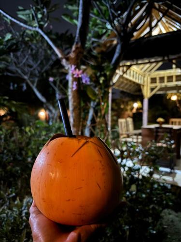 a person holding a small orange pumpkin in a garden at Sriwedari House Keramas in Gianyar