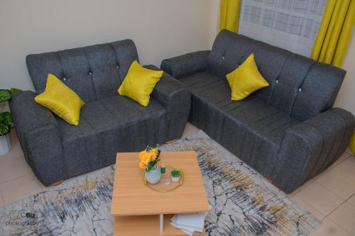 a living room with two couches and a coffee table at Ferrum Apartments in Eldoret