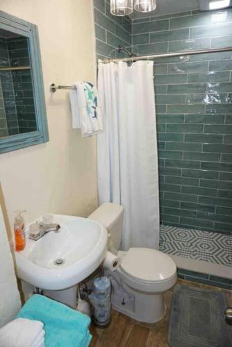 a bathroom with a sink and a toilet and a shower at Pets OK! Steps to Ocean Center Walk to Beach! in Daytona Beach