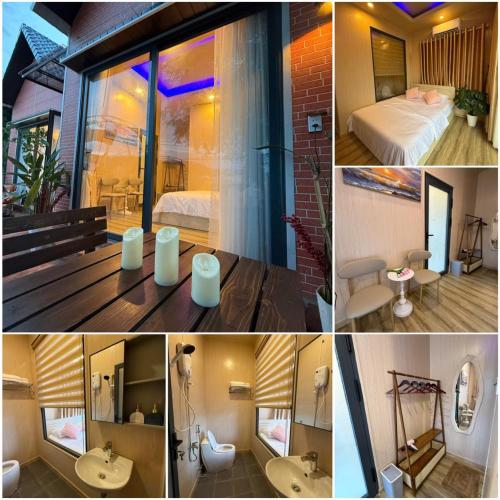 a collage of pictures of a bedroom and a bathroom at Hoàng Gia Villa in Ninh Hải