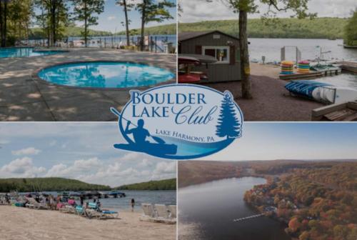 a collage of photos of a lake with a swimming pool at Pocono Retreat -1 Mile To Lake And Skiing! in Lake Harmony