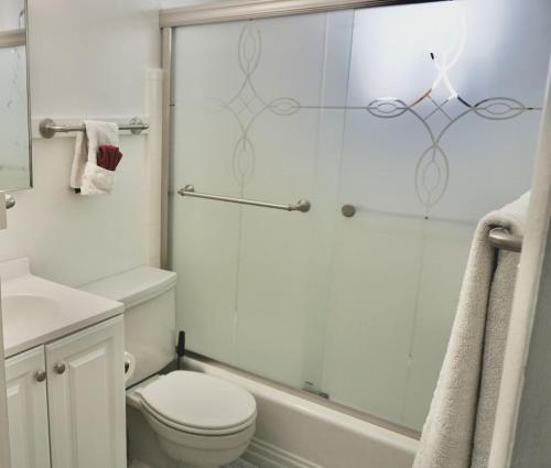 a bathroom with a toilet and a glass shower at University Place-near U Of U, Hospitals, Downtown in Salt Lake City