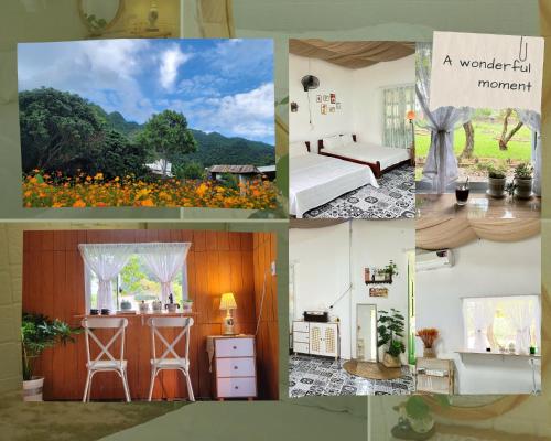 a collage of photos of a bedroom and a kitchen at Poong's Garden Mộc Châu in Mộc Châu