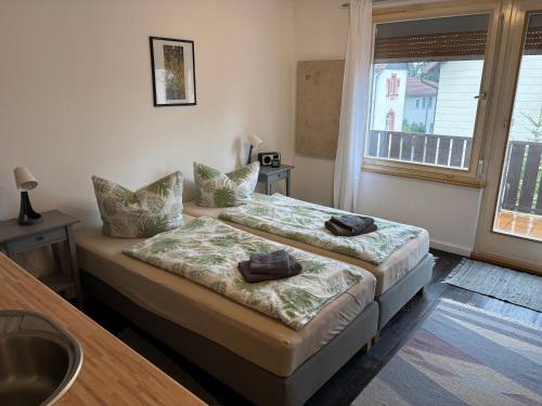 Un dormitorio con dos camas y una ventana. en Ferienzimmer Grabenweg, en Bad Rodach